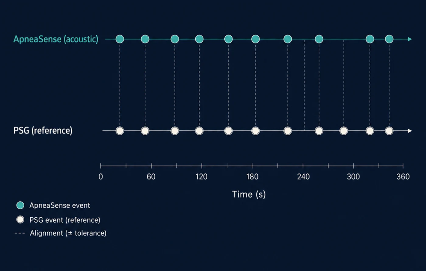 Two time-aligned tracks — acoustic detection above, PSG reference below — with most events lining up between them.