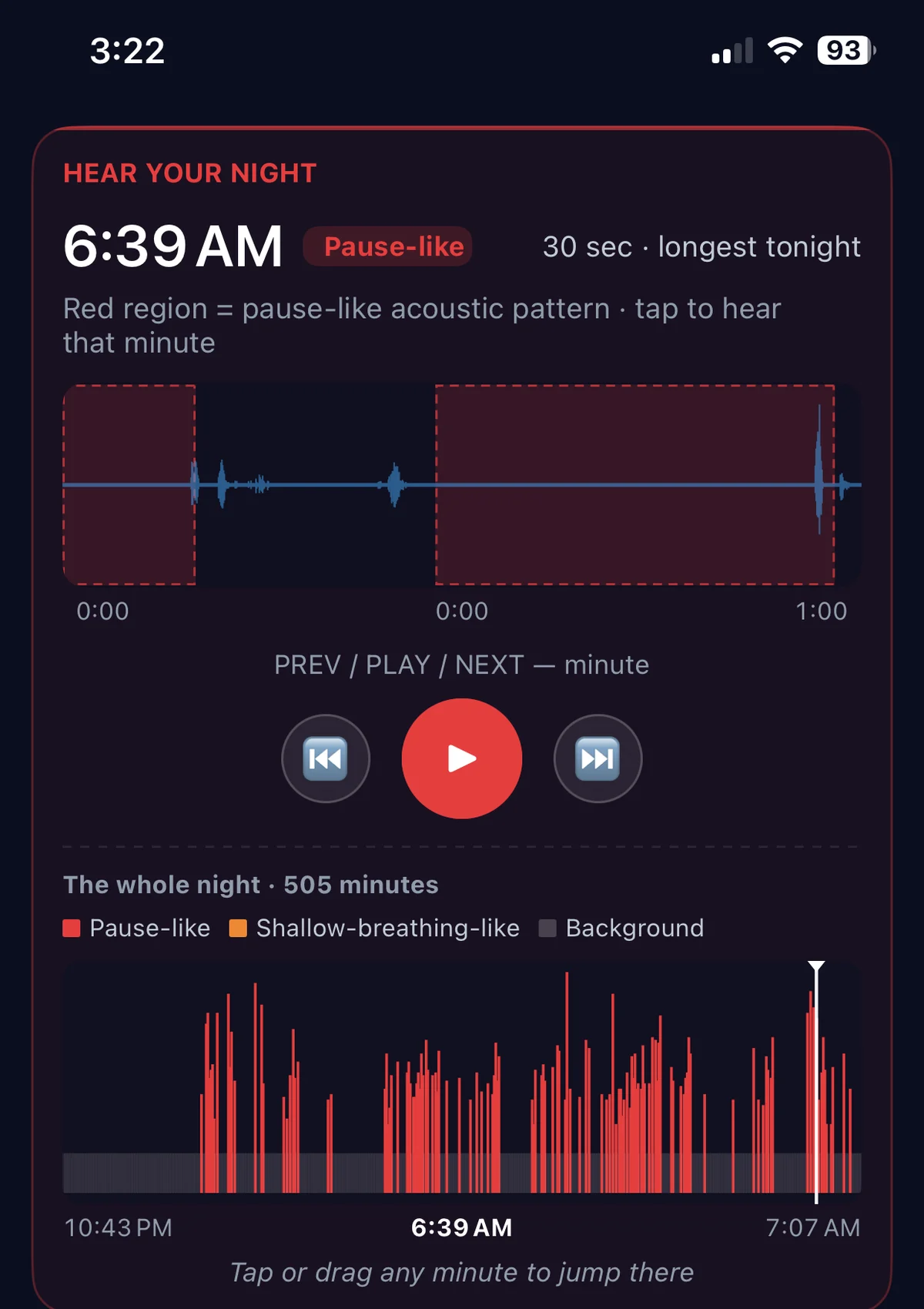 Current SomniSense App screen with a selected minute, marked acoustic candidates, playback controls and whole-night position.